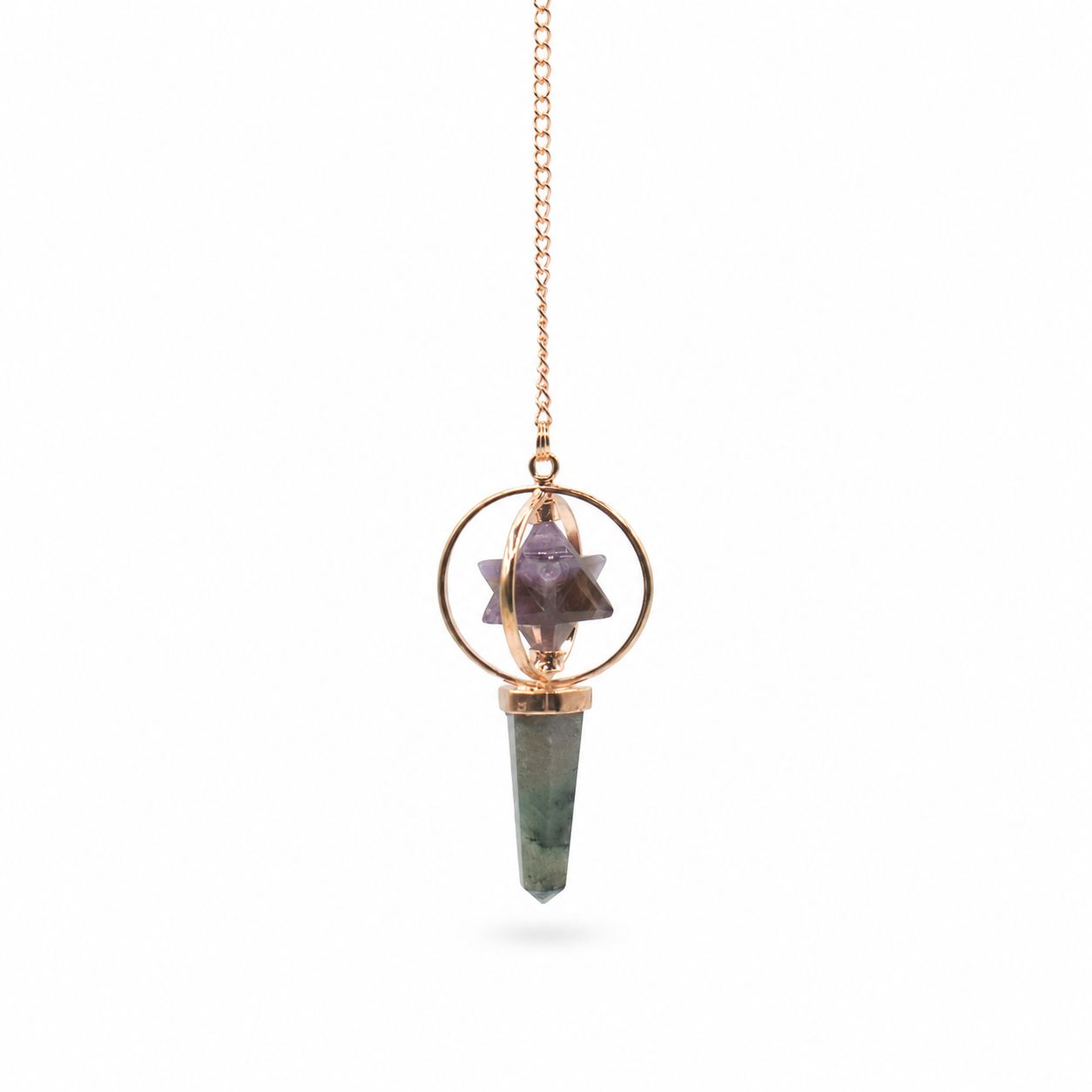 Pendule Merkaba en améthyste et labradorite avec structure en cuivre.