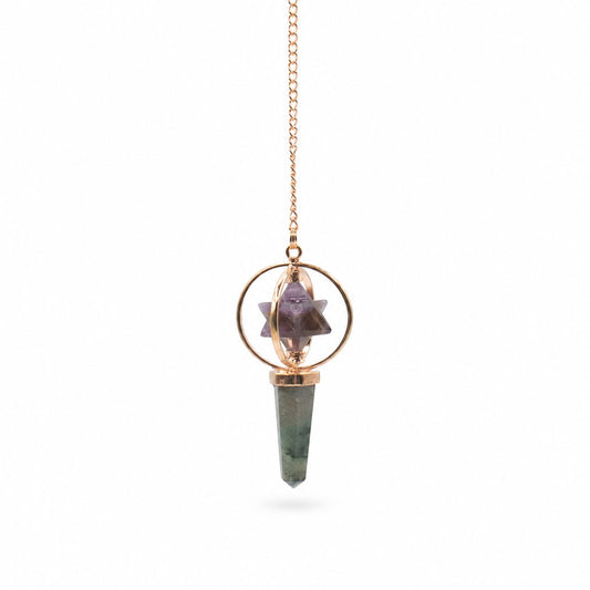 Pendule géométrique en améthyste et labradorite avec structure en cuivre.