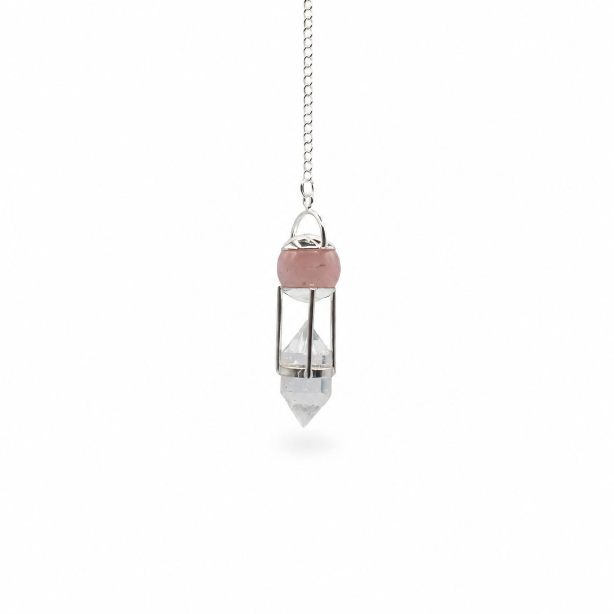 Pendule Double Pouvoir en Quartz Rose & Cristal de Roche – Pendule Divinatoire Ozora