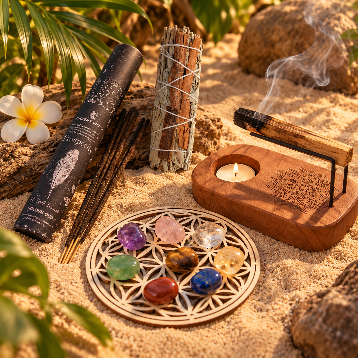 Encens, sauge blanche, fleur de vie, Palo Santo, support