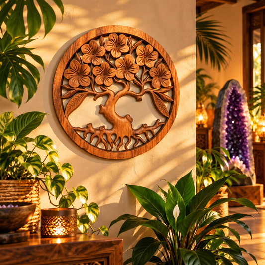 Tableau mural rond en bois de suar chantourné représentant un Arbre de Vie aux branches ornées de fleurs de frangipanier sculptées, diamètre 40 cm. Ozora.