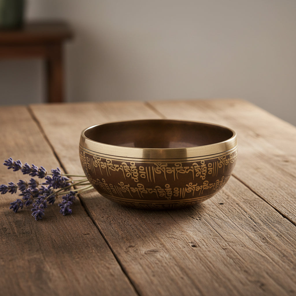 Bol tibétain gravé de mantras sacrés, fabriqué à la main au Népal. Idéal pour la méditation, le yoga, la relaxation et la sonothérapie. Ozora.