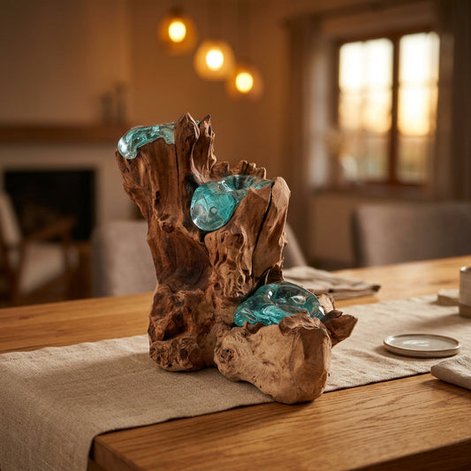 Bougeoir artisanal en bois de Gamal et verre turquoise sur une table de salle à manger. Ozora