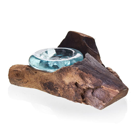 Bougeoir en verre fondu turquoise et bois de Gamal : une décoration artisanale naturelle et originale pour un intérieur chaleureux. Ozora