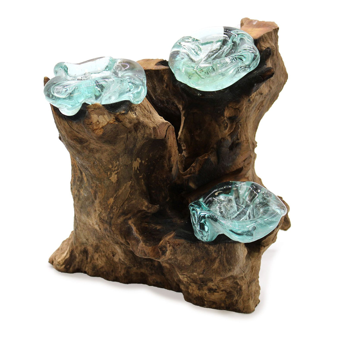 Bougeoir naturel sculpté en bois de Gamal avec 3 supports en verre fondu turquoise. Ozora