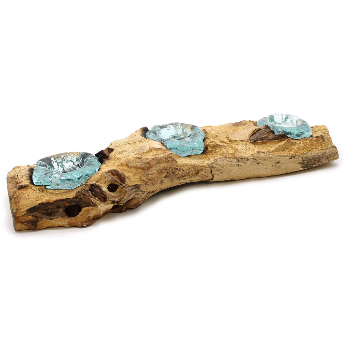 Bougeoir en bois flotté de Gamal, triple coupelle en verre fondu. Ozora