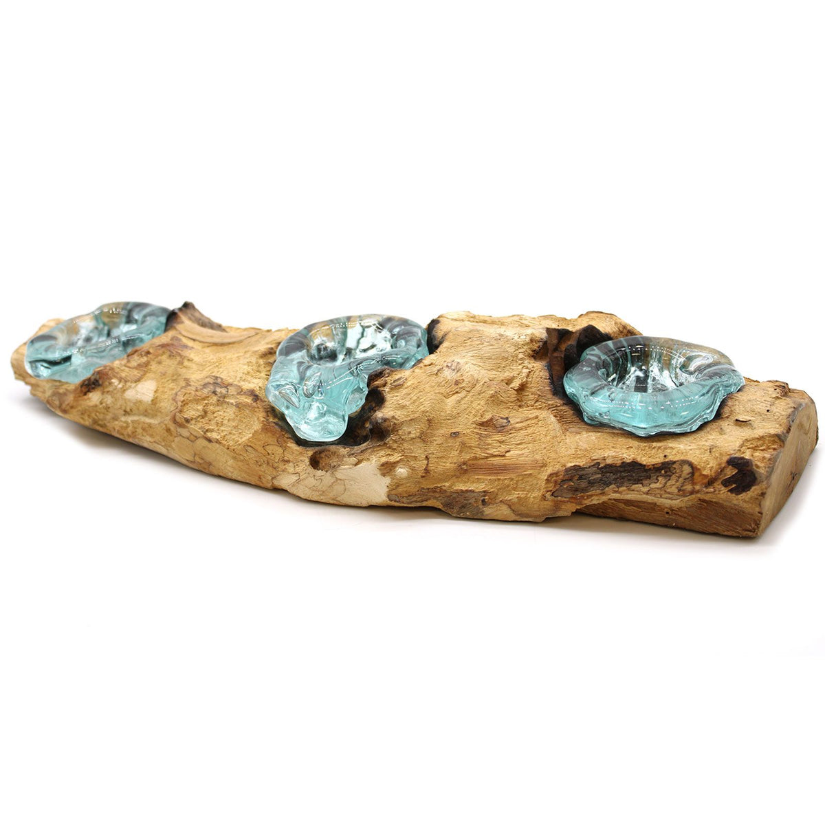 Bougeoir en bois flotté de Gamal, triple coupelle en verre fondu. Ozora