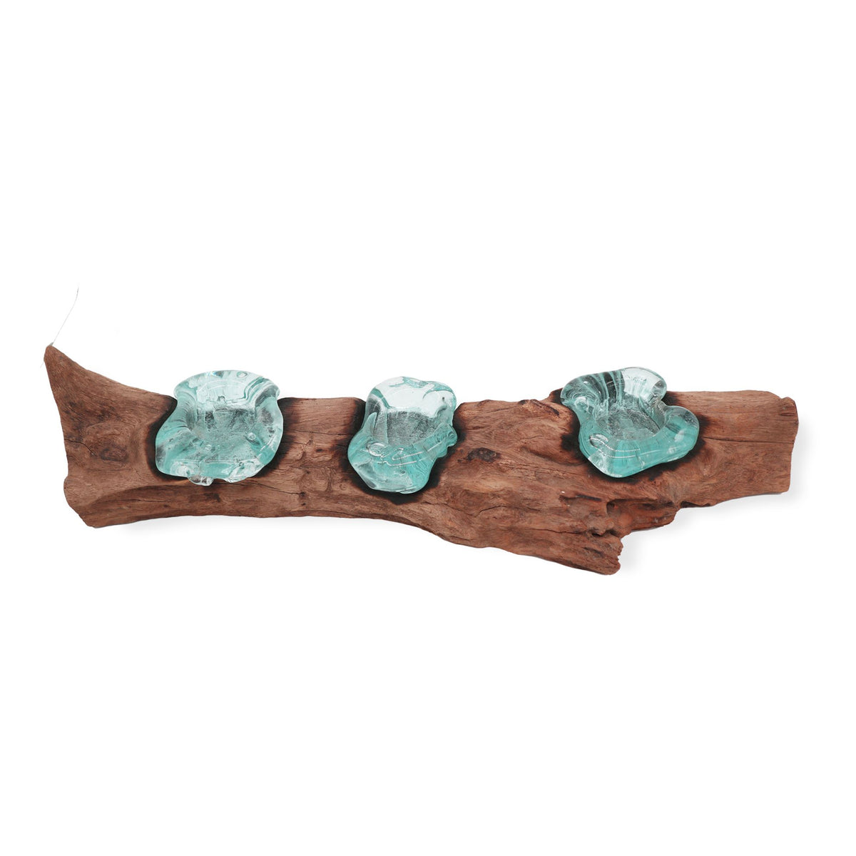 Bougeoir triple en bois naturel de Gamal et verre fondu turquoise. Ozora