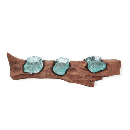 Bougeoir triple en bois naturel de Gamal et verre fondu turquoise. Ozora
