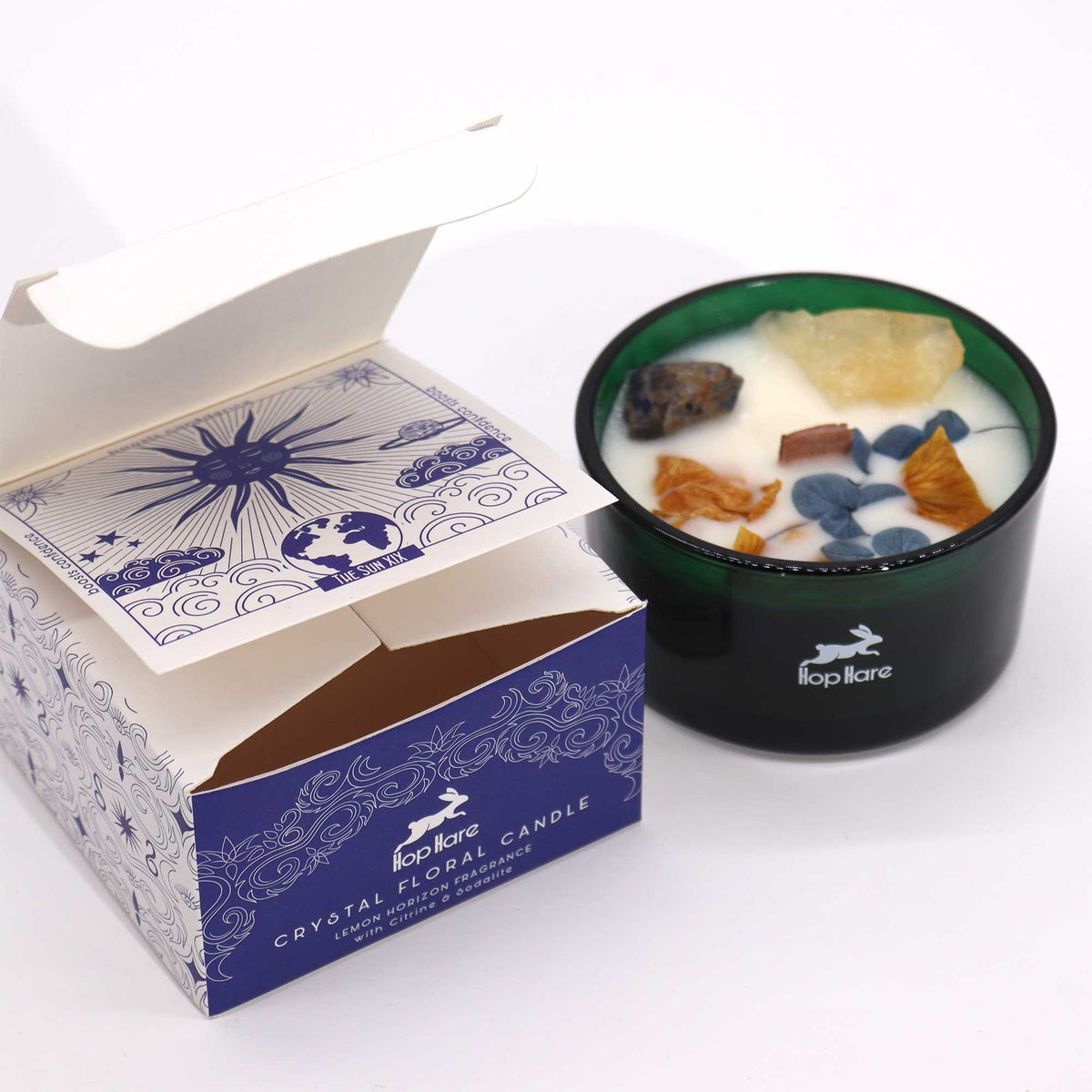 Bougie parfumée « The Sun » avec cristaux de citrine et de sodalite et son coffret. Ozora