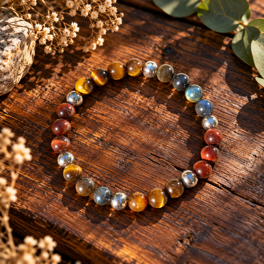 Bracelet en 3 œil de tigre et boule en acier inoxydable. Ozora Créaton.