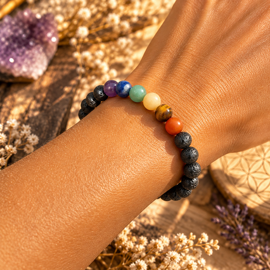 Bracelet en pierre de lave et 7 chakras. Ozora Création