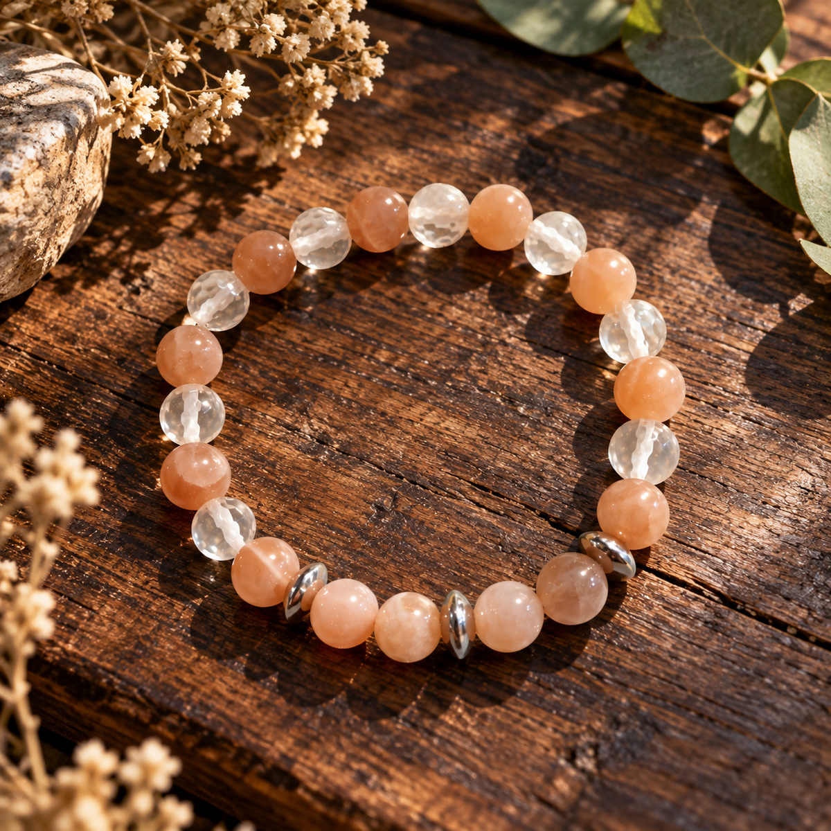 Bracelet Pierre de lune orangée & Cristal de roche "Douceur Lunaire" Ozora Création