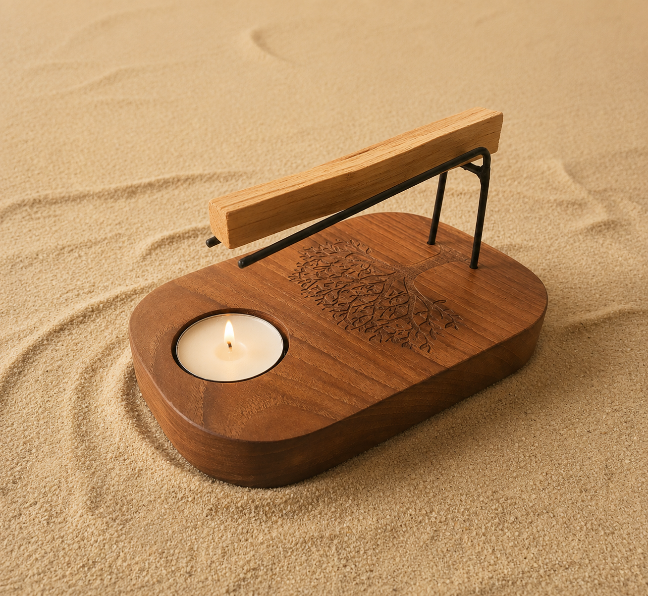 Support à Palo Santo en Bois de Teck – Gravure Arbre de Vie Ozora