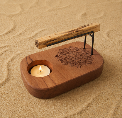 Support à Palo Santo en Bois de Teck – Gravure Mandala Ozora