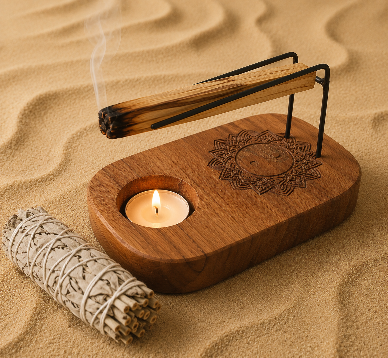 Support à Palo Santo en Bois de Teck – Gravure Yin & Yang Ozora