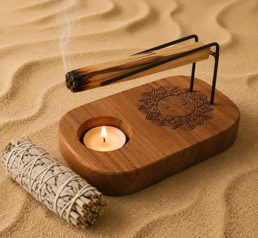 Support à Palo Santo en Bois de Teck – Gravure Yin & Yang Ozora