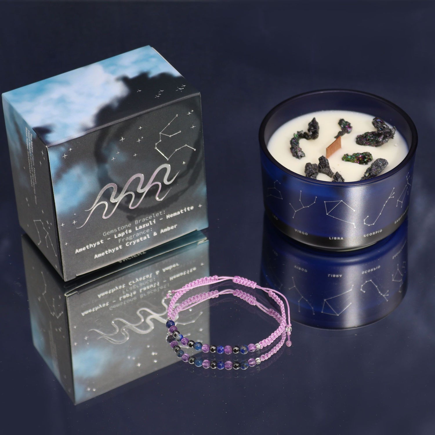 Célébrez l'esprit libre, créatif et visionnaire du Verseau avec ce magnifique coffret astrologique composé d'une bougie aux cristaux et d'un bracelet en pierres naturelles. Ozora