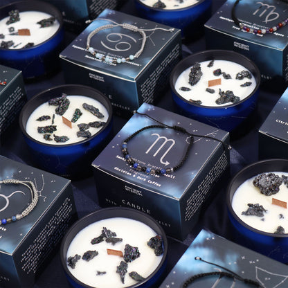 Coffret astrologique Cancer composé d'une bougie aux cristaux et d'un bracelet en pierres naturelles. Ozora
