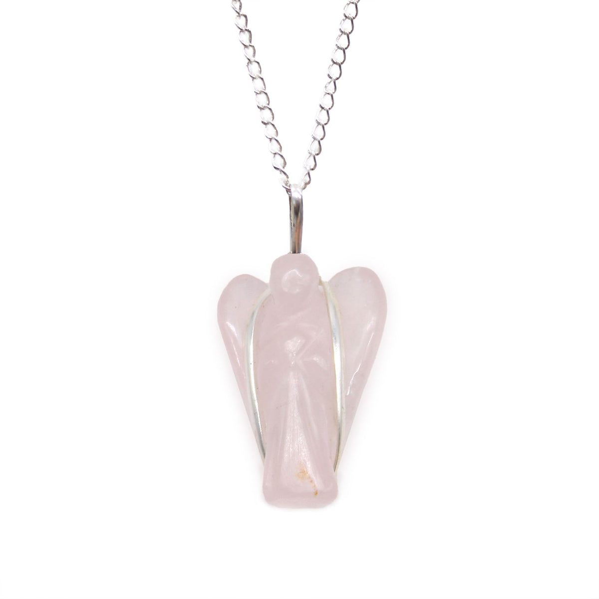 Collier Ange Gardien en Quartz Rose naturel. Délicatement sculpté en forme d'ange, ce pendentif représente la protection, le réconfort et l'amour inconditionnel.  Ozora
