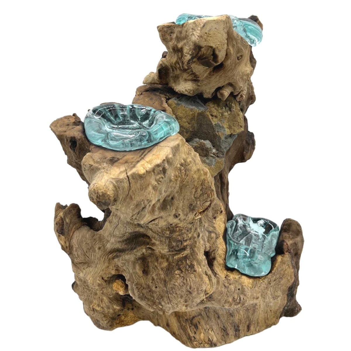 Bougeoir naturel sculpté en bois de Gamal avec 3 supports en verre fondu turquoise. Ozora