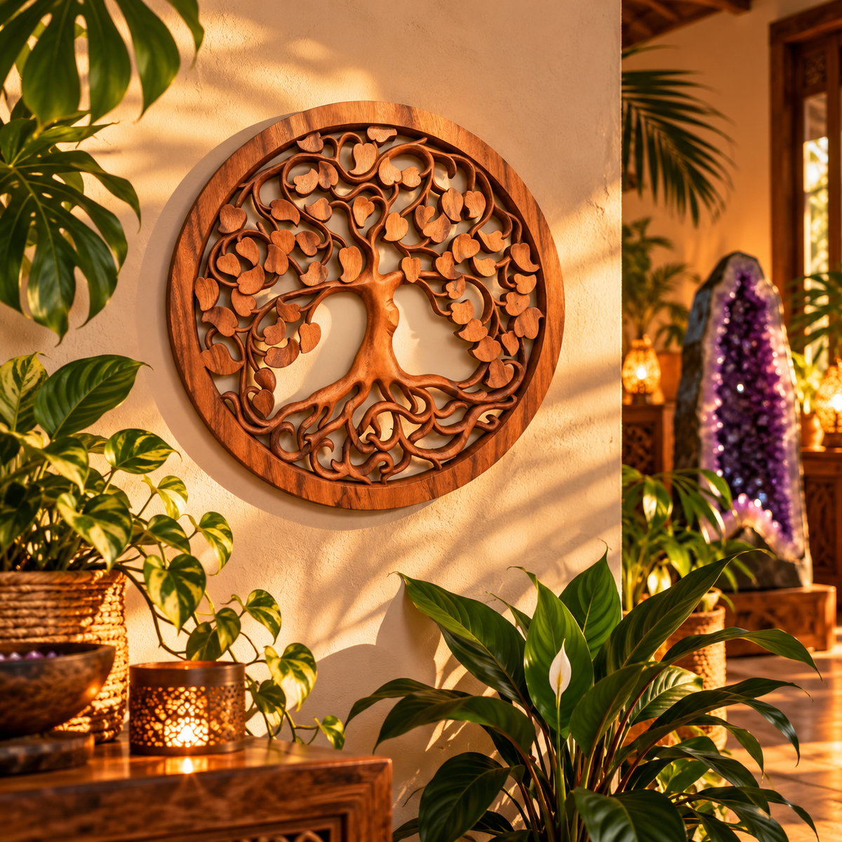 Tableau mural rond en bois de suar chantourné représentant un Arbre de Vie aux branches ornées de feuilles en forme de cœur, diamètre 40 cm. Ozora.