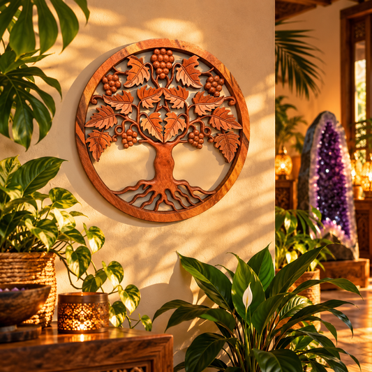 Tableau mural rond en bois de suar chantourné représentant un Arbre de Vie aux branches ornées de feuilles et de grappes de raisin, diamètre 40 cm. Ozora.