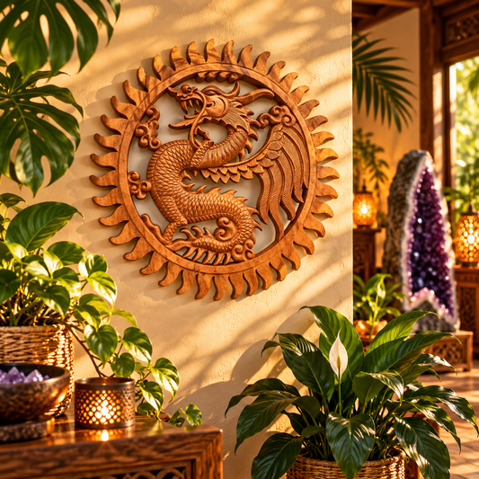 Tableau mural dragon sculpté dans du bois de suar avec ailes déployées et soleil décoratif, diamètre 40 cm. Ozora.