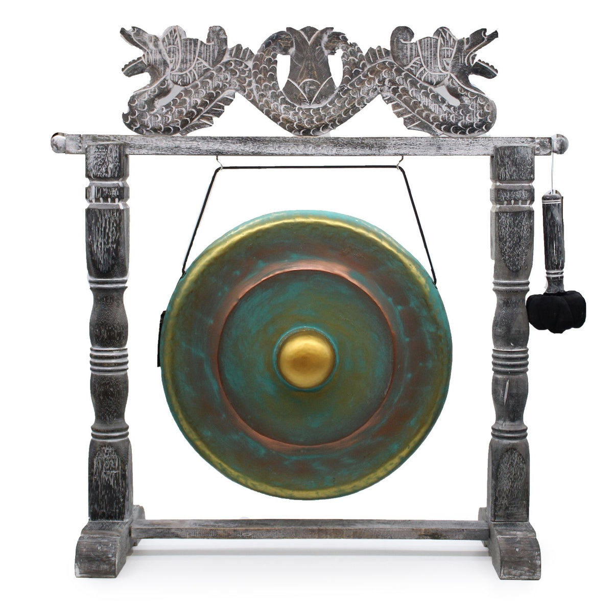 Gong artisanal vert délavé et doré de 50 cm sur support en bois d’Albasia sculpté avec dragons, fabriqué à la main à Bali – Ozora Création