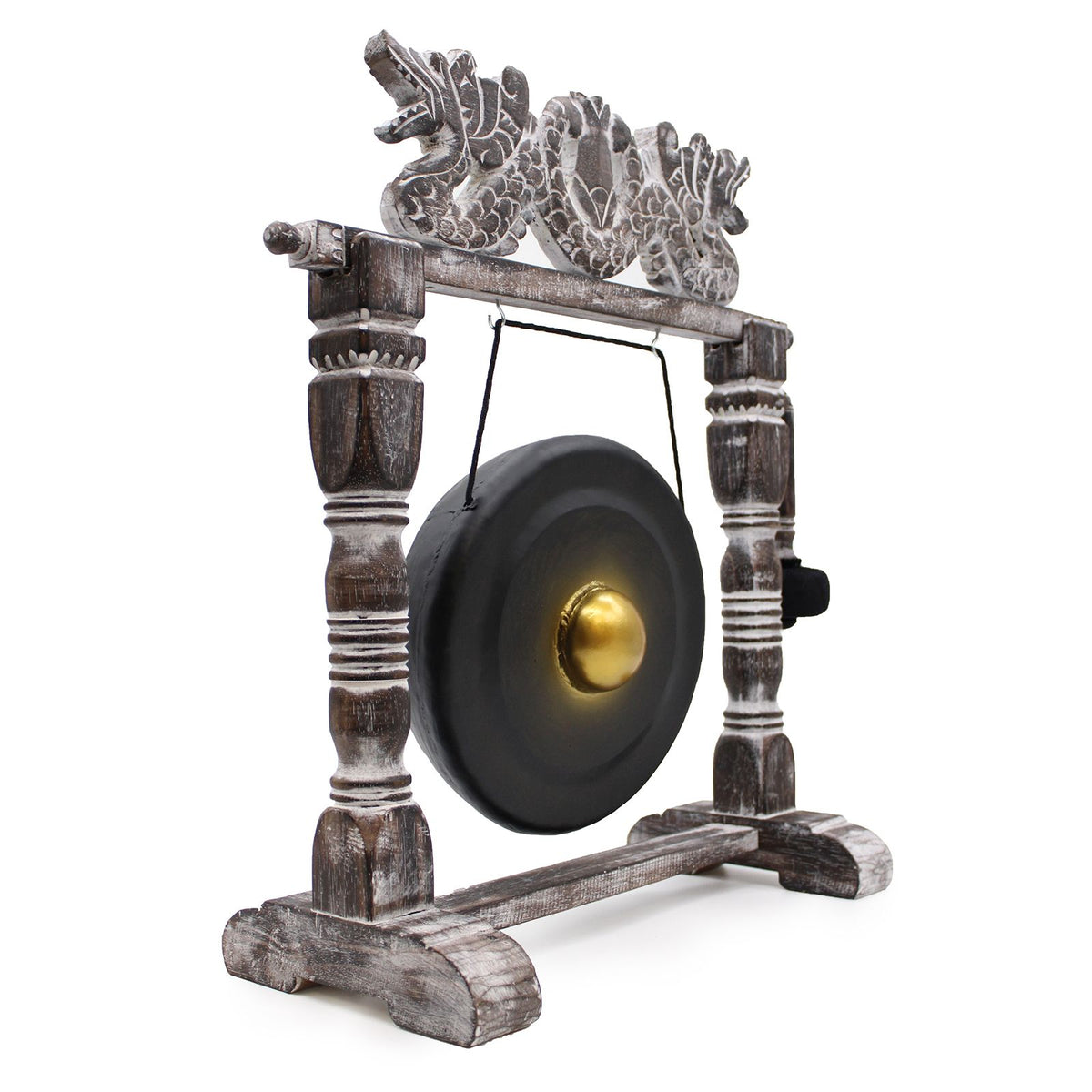 Gong artisanal noir et doré de 25 cm sur support en bois sculpté, fabriqué à la main à Bali – Ozora Création.