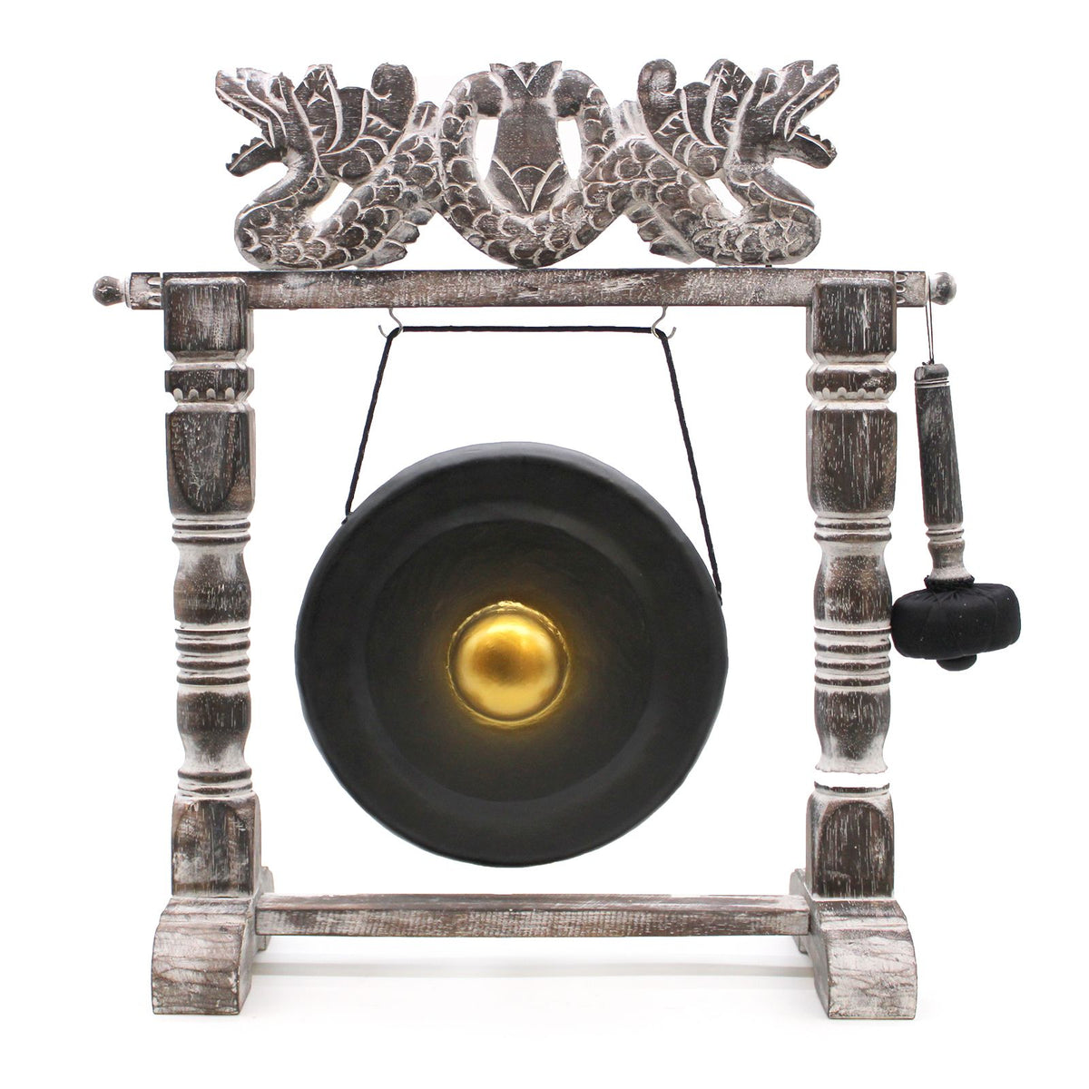 Gong artisanal noir et doré de 25 cm sur support en bois sculpté, fabriqué à la main à Bali – Ozora Création.