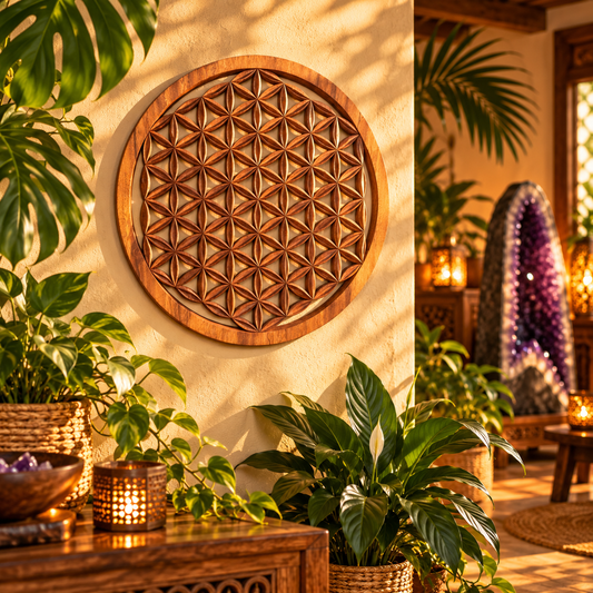 Découvre ce tableau mural Fleur de Vie en bois de suar sculpté artisanalement. Une décoration spirituelle de 40 cm pour un intérieur naturel et harmonieux. Ozora.