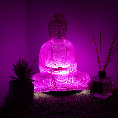 Lampe Bouddha en méditation. Craquelé rose. 31 cm de hauteur / 23 cm de largeur. Ozora