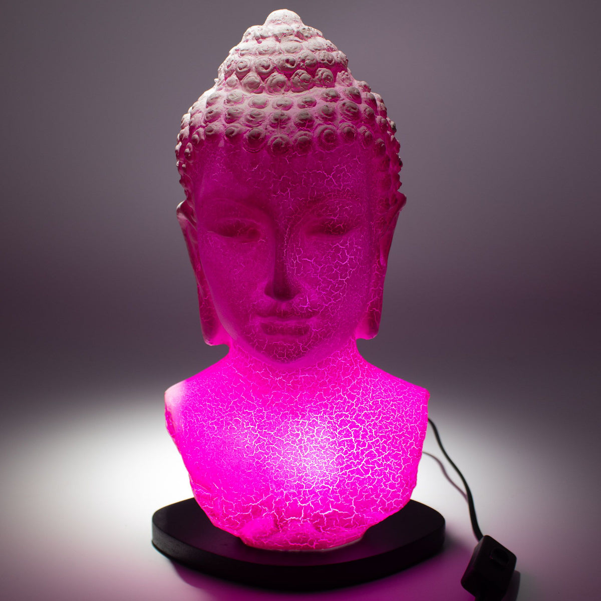 Lampe d'ambiance en forme de buste de Bouddha. Craquelé rose en fibre de verre. Ozora