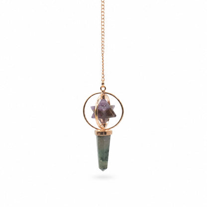 Pendule Merkaba en améthyste et labradorite avec structure en cuivre. 