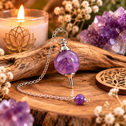 Pendule sphère en améthyste naturelle avec chaîne pour radiesthésie. Ozora