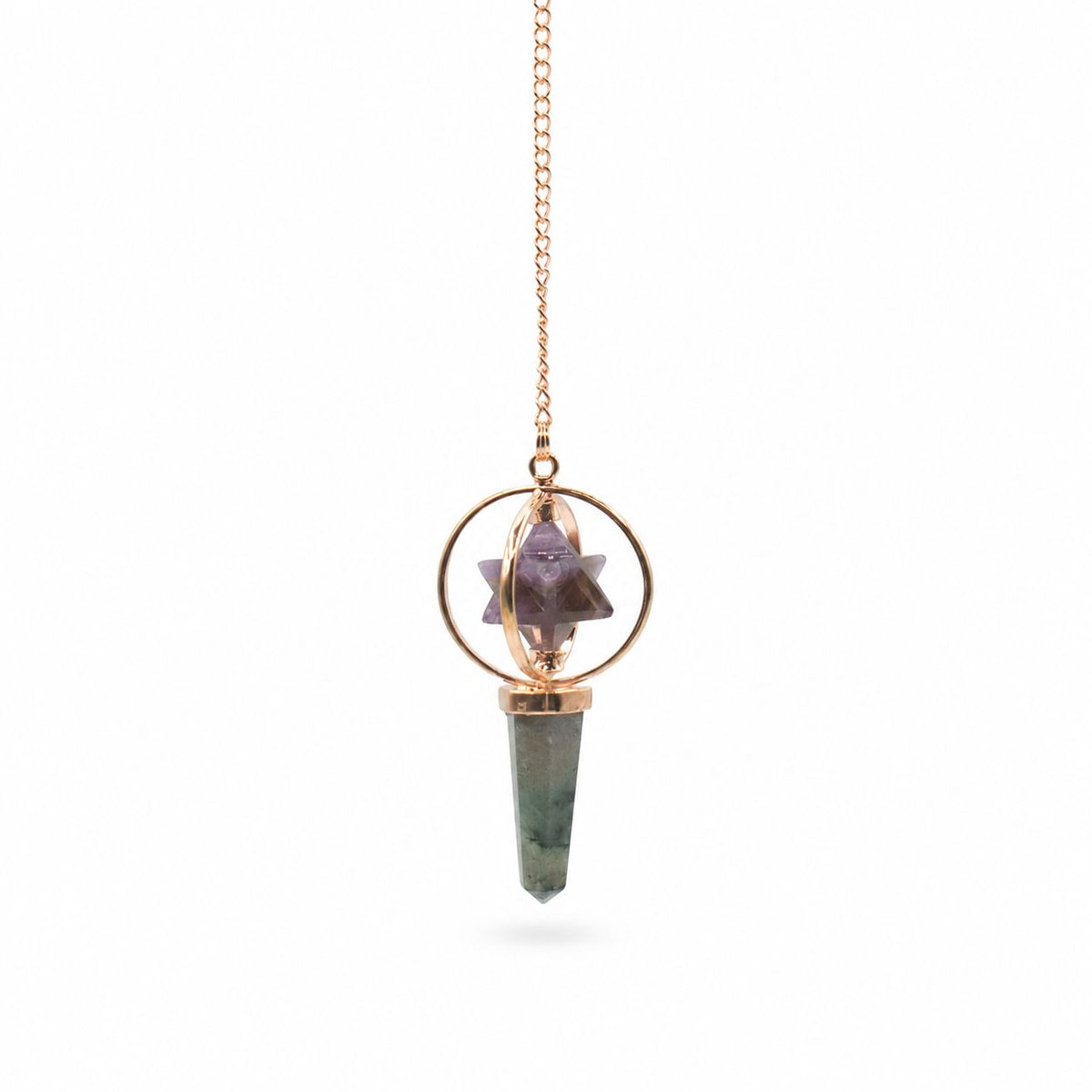 Pendule géométrique en améthyste et labradorite avec structure en cuivre. 