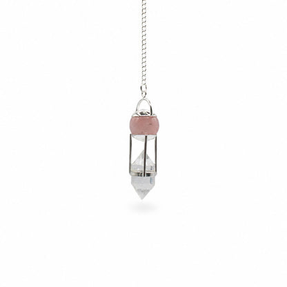 Pendule Double Pouvoir en Quartz Rose & Cristal de Roche – Pendule Divinatoire Ozora