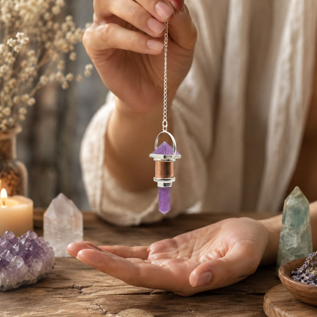 Pendule de radiesthésiste en améthyste et cuivre . Ozora