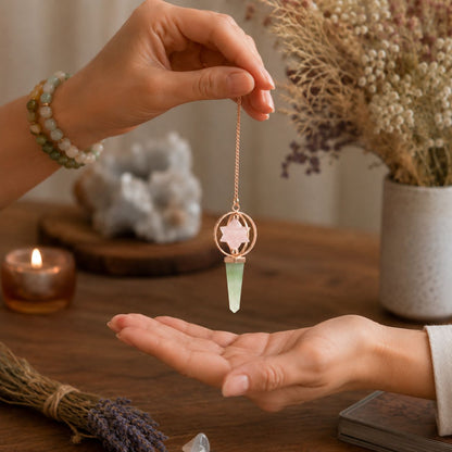 Pendule Merkaba en quartz rose et aventurine verte avec structure en cuivre. Un pendule divinatoire idéal pour la radiesthésie, la méditation et les pratiques énergétiques.