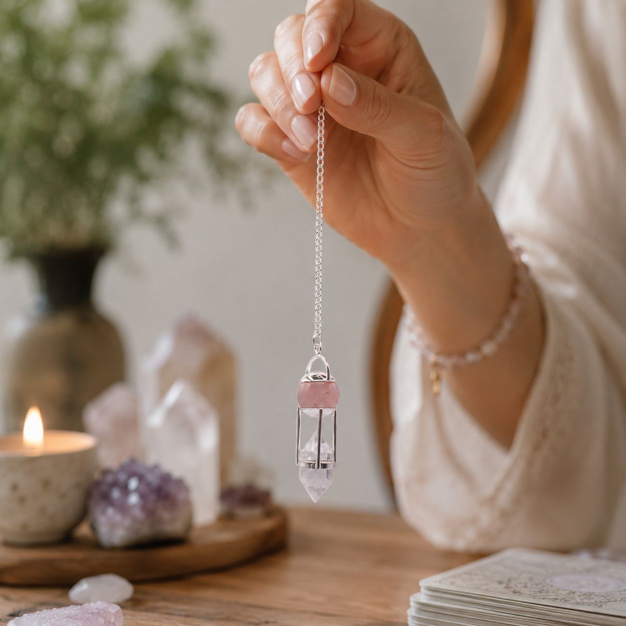 Pendule en quartz rose et cristal de roche, avec globe et pointe. Un pendule divinatoire élégant pour la radiesthésie, la méditation et les pratiques énergétiques.