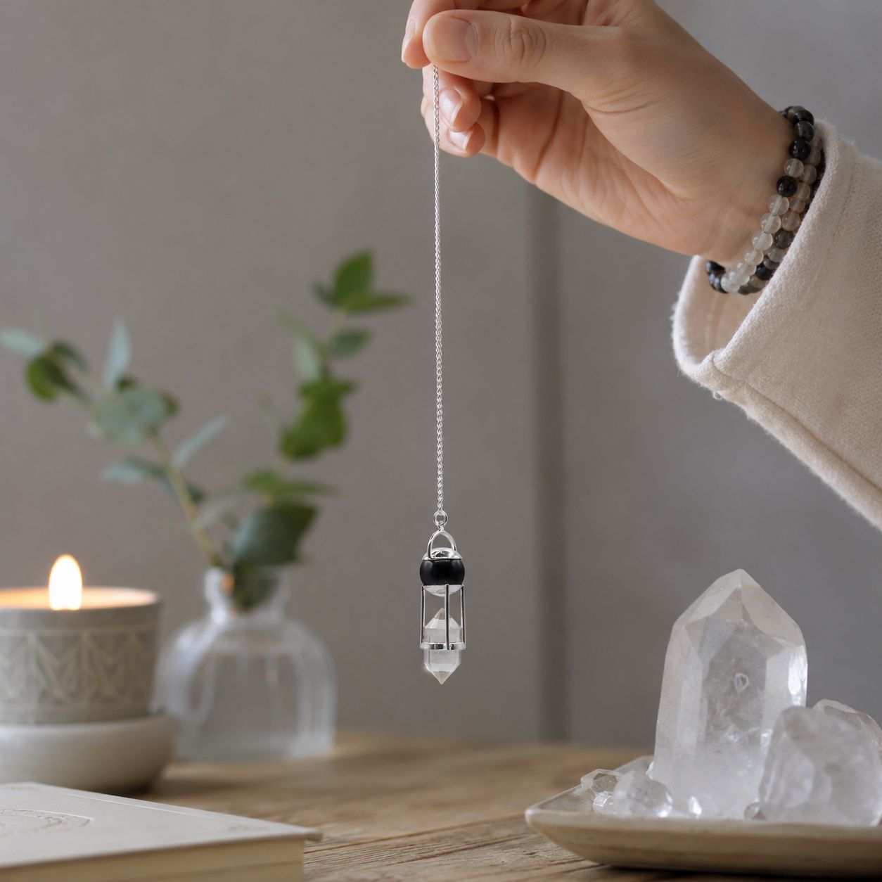 Pendule double pouvoir en obsidienne et cristal de roche avec globe et pointe double. Un pendule divinatoire élégant pour la radiesthésie, la méditation et les pratiques énergétiques.
