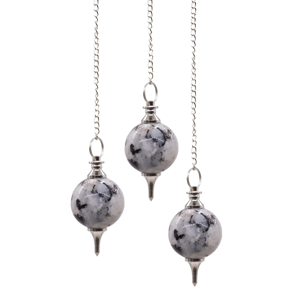 Pendule sphère en pierre de lune arc-en-ciel naturelle avec chaîne argentée. Ozora