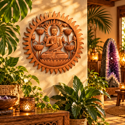 Tableau mural Bouddha et Lotus en bois de suar sculpté artisanalement. Une décoration zen et naturelle de 40 cm pour un intérieur apaisant. Ozora.