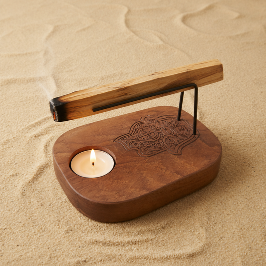 Support à Palo Santo en Bois de Teck – Gravure Hamsa Ozora