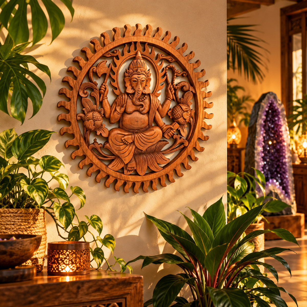 Tableau mural rond en bois de suar chantourné représentant Ganesh, divinité hindoue à tête d'éléphant, avec motifs sculptés ajourés, diamètre 40 cm. Ozora.