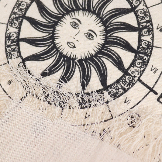 Tapis de radiesthésie naturel et noir avec motif solaire et symboles astrologiques