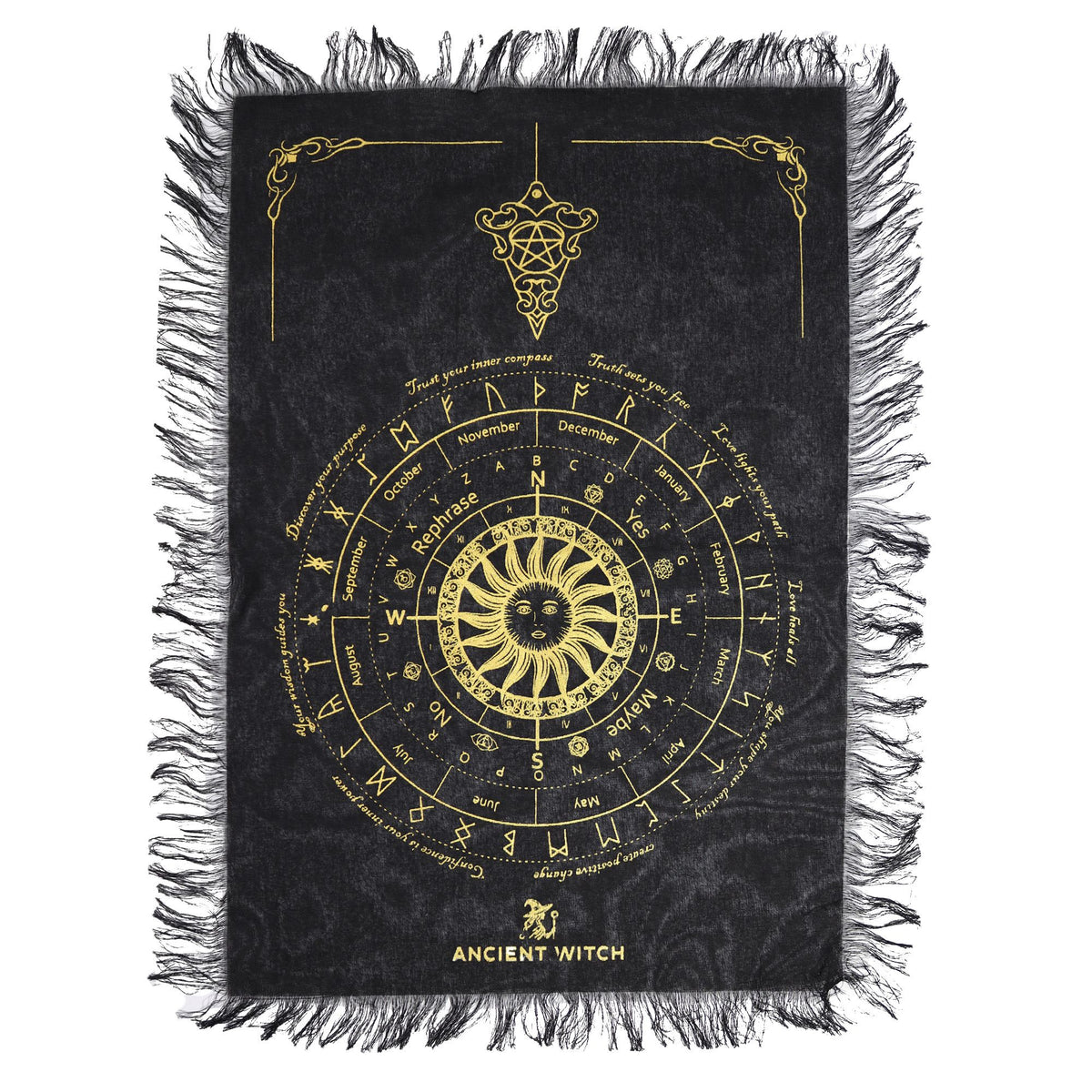 Tapis de radiesthésie noir et or avec motif solaire et astrologique. Ozora