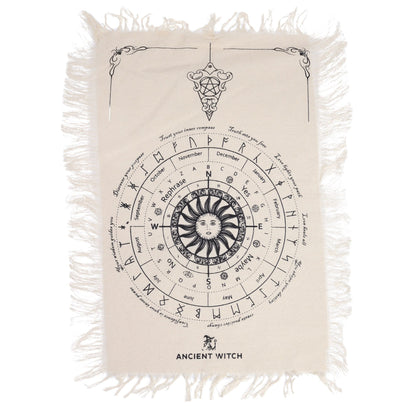 Tapis de radiesthésie naturel et noir avec motif solaire et symboles astrologiques. Ozora