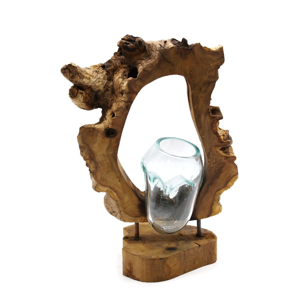 Vase suspendu en verre fondu et bois de Gamal : une décoration artisanale naturelle et originale pour un intérieur bohème et chaleureux. Ozora